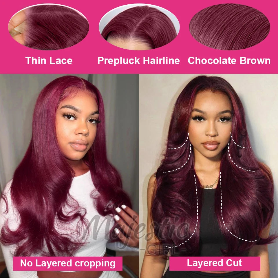250 Density Dark Burgundy 9x6 Glueless Wigs Human Hair