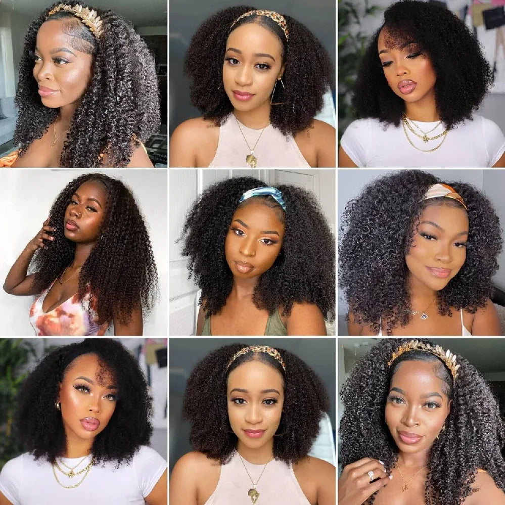 16 Inch 3 IN 1 Half Wig With Drawstring Seamless Human hair Wigs Kinky Curly Headband Wig Upgrade for Women Summer Machine Wigs